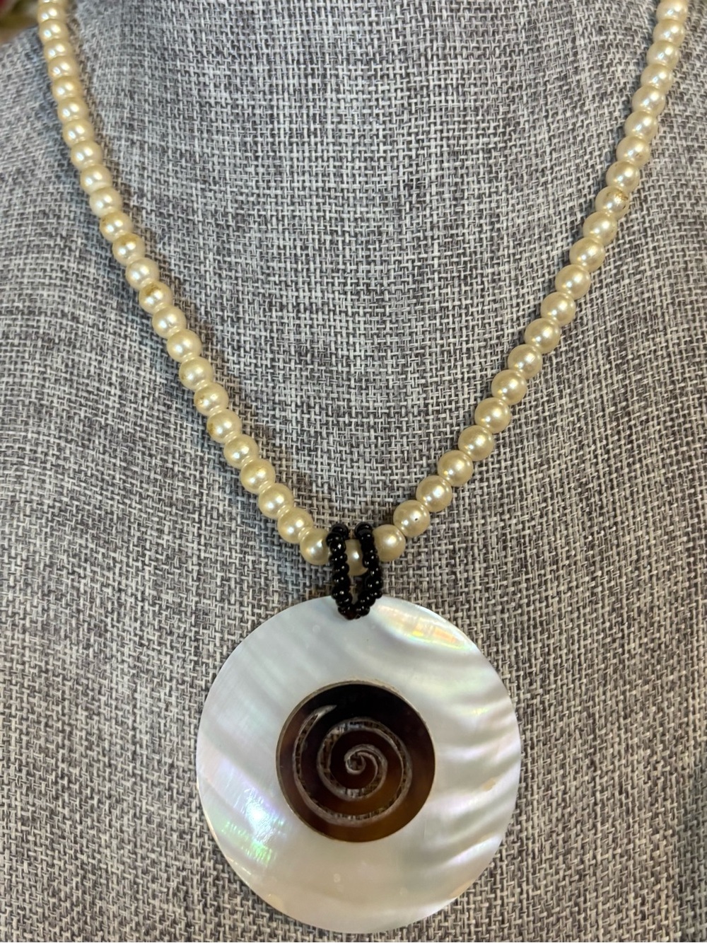 Pearl Bead Necklace with Mother-of-Pearl Spiral Pendant - Unbranded